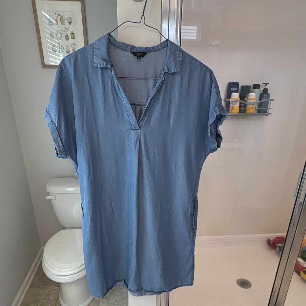 1250C Blue Tencel Chambray Collared‎ Short Sleeve Shift Short Dress Pullover M